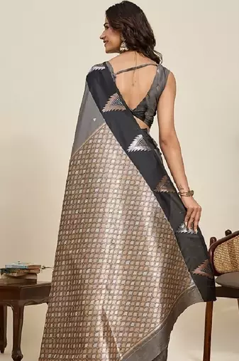 Grey zari work silk blend saree with blouse