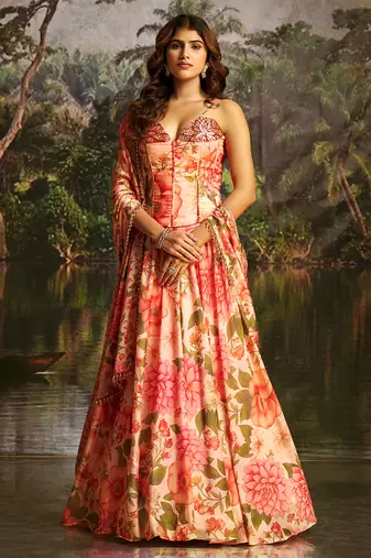 Peach Floral Umbrella Lehenga with Corset Blouse, Tassel Dori & Dupatta