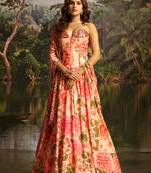 Peach Floral Umbrella Lehenga with Corset Blouse, Tassel Dori & Dupatta