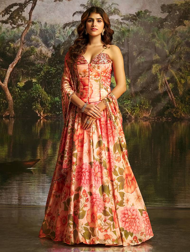 Peach Floral Umbrella Lehenga with Corset Blouse, Tassel Dori & Dupatta