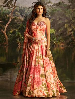 Peach Floral Umbrella Lehenga with Corset Blouse, Tassel Dori & Dupatta 2