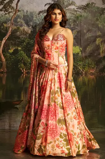 Peach Floral Umbrella Lehenga with Corset Blouse, Tassel Dori & Dupatta