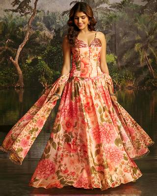 Peach Floral Umbrella Lehenga with Corset Blouse, Tassel Dori & Dupatta 3