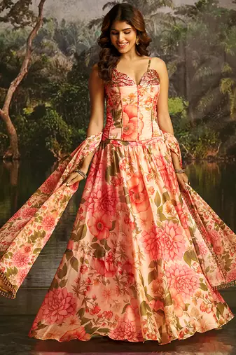 Peach Floral Umbrella Lehenga with Corset Blouse, Tassel Dori & Dupatta