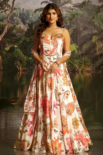 Off-White Floral Umbrella Lehenga with Corset Blouse, Tassel Dori & Dupatta