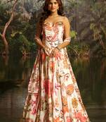 Off-White Floral Umbrella Lehenga with Corset Blouse, Tassel Dori & Dupatta