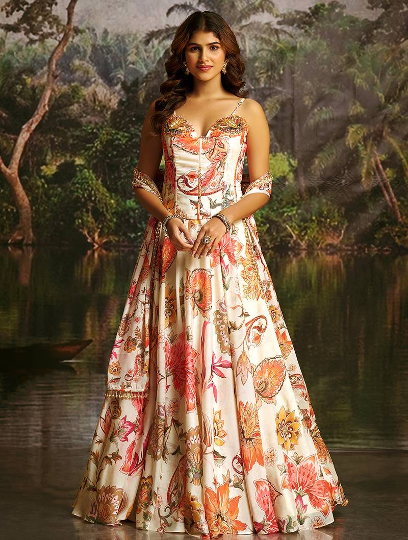 Off-White Floral Umbrella Lehenga with Corset Blouse, Tassel Dori & Dupatta