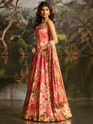 Peach Floral Umbrella Lehenga with Corset Blouse, Tassel Dori & Dupatta 4