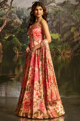 Peach Floral Umbrella Lehenga with Corset Blouse, Tassel Dori & Dupatta