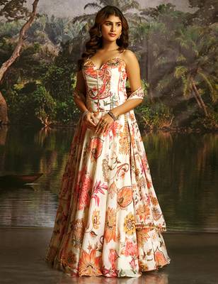 Off-White Floral Umbrella Lehenga with Corset Blouse, Tassel Dori & Dupatta 2