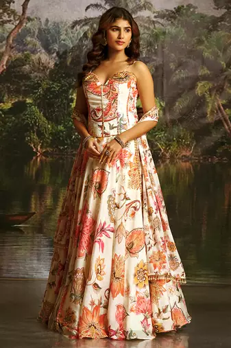 Off-White Floral Umbrella Lehenga with Corset Blouse, Tassel Dori & Dupatta