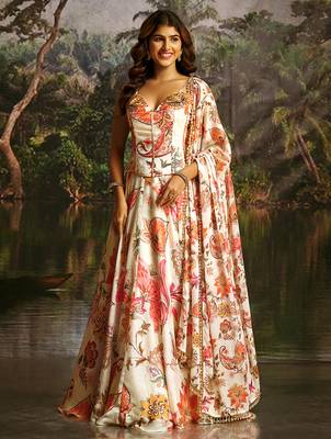 Off-White Floral Umbrella Lehenga with Corset Blouse, Tassel Dori & Dupatta 3