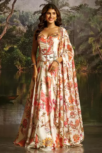 Off-White Floral Umbrella Lehenga with Corset Blouse, Tassel Dori & Dupatta