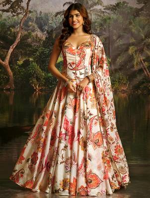 Off-White Floral Umbrella Lehenga with Corset Blouse, Tassel Dori & Dupatta 4