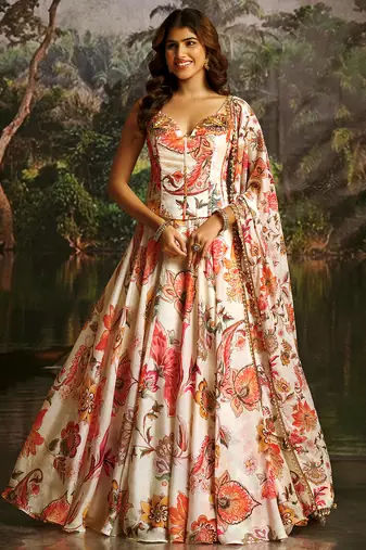 Off-White Floral Umbrella Lehenga with Corset Blouse, Tassel Dori & Dupatta