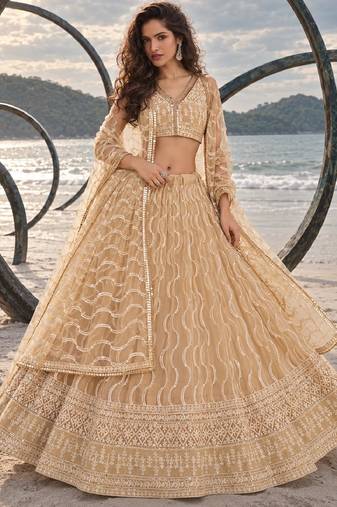 BEIGE NET THREAD WITH ZARI AND SEQUINCE WORK FESTIVE LEHENGA CHOLI SET FOR WOMEN'S