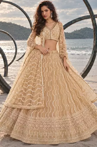 BEIGE NET THREAD WITH ZARI AND SEQUINCE WORK FESTIVE LEHENGA CHOLI SET FOR WOMEN'S