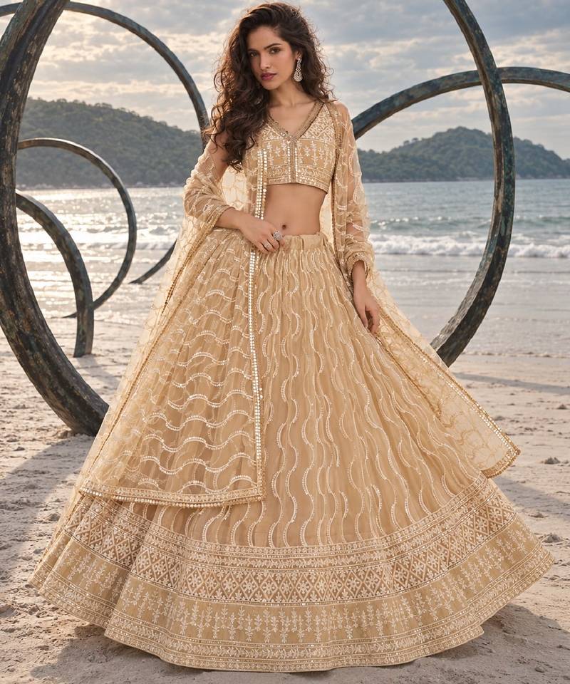 BEIGE NET THREAD WITH ZARI AND SEQUINCE WORK FESTIVE LEHENGA CHOLI SET FOR WOMEN'S