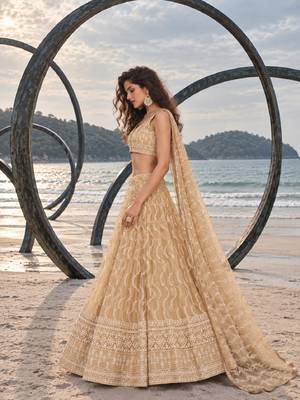 BEIGE NET THREAD WITH ZARI AND SEQUINCE WORK FESTIVE LEHENGA CHOLI SET FOR WOMEN'S 3