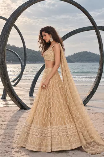 BEIGE NET THREAD WITH ZARI AND SEQUINCE WORK FESTIVE LEHENGA CHOLI SET FOR WOMEN'S