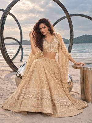 BEIGE NET THREAD WITH ZARI AND SEQUINCE WORK FESTIVE LEHENGA CHOLI SET FOR WOMEN'S 4