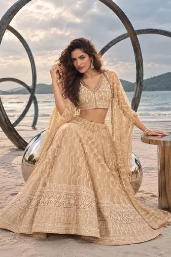 BEIGE NET THREAD WITH ZARI AND SEQUINCE WORK FESTIVE LEHENGA CHOLI SET FOR WOMEN'S
