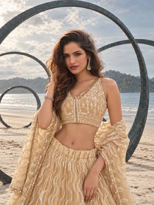BEIGE NET THREAD WITH ZARI AND SEQUINCE WORK FESTIVE LEHENGA CHOLI SET FOR WOMEN'S 5