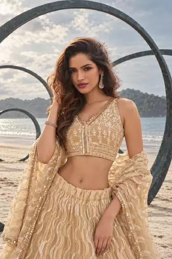 BEIGE NET THREAD WITH ZARI AND SEQUINCE WORK FESTIVE LEHENGA CHOLI SET FOR WOMEN'S