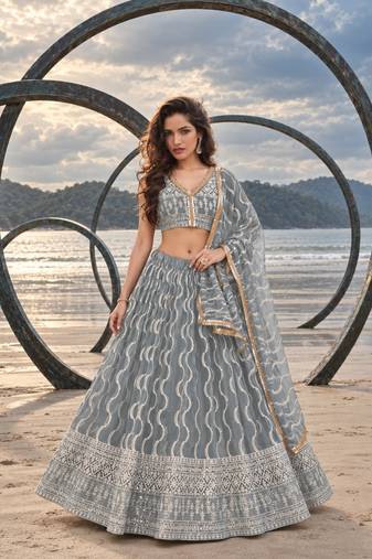GREY NET THREAD WITH ZARI AND SEQUINCE WORK FESTIVE LEHENGA CHOLI SET FOR WOMEN'S