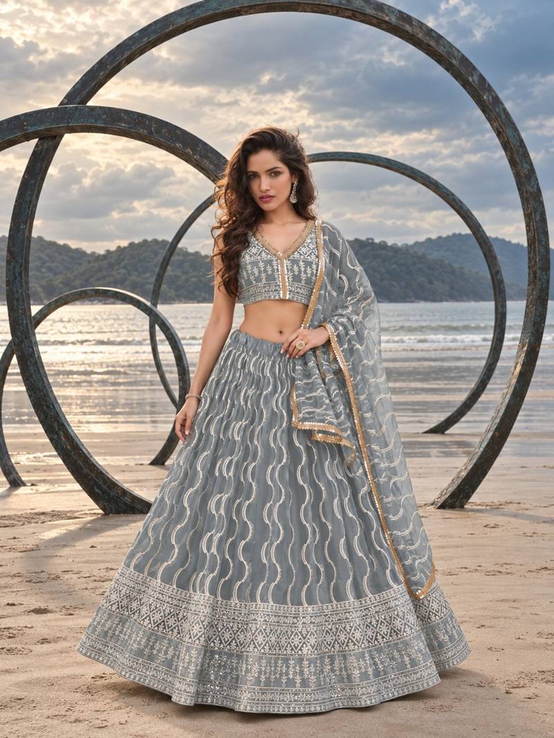 GREY NET THREAD WITH ZARI AND SEQUINCE WORK FESTIVE LEHENGA CHOLI SET FOR WOMEN'S
