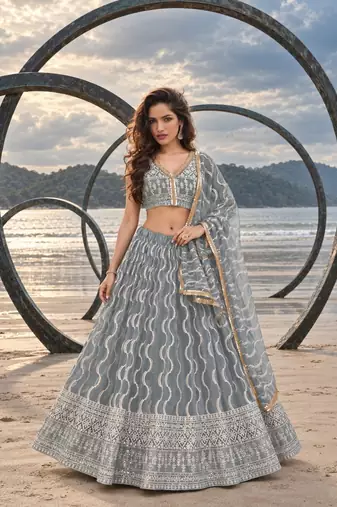GREY NET THREAD WITH ZARI AND SEQUINCE WORK FESTIVE LEHENGA CHOLI SET FOR WOMEN'S