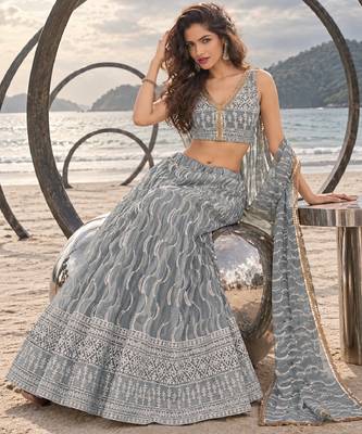 GREY NET THREAD WITH ZARI AND SEQUINCE WORK FESTIVE LEHENGA CHOLI SET FOR WOMEN'S 4