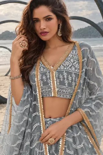 GREY NET THREAD WITH ZARI AND SEQUINCE WORK FESTIVE LEHENGA CHOLI SET FOR WOMEN'S