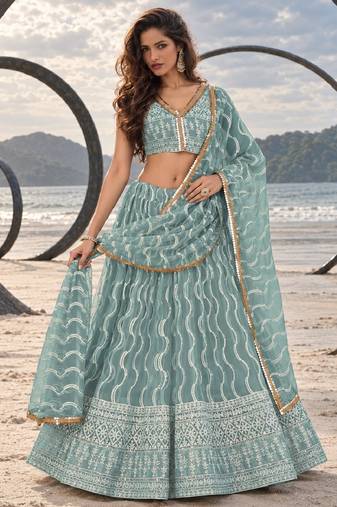 OCEAN BLUE  WORK THREAD WITH ZARI AND SEQUINCE WORK FESTIVE LEHENGA CHOLI SET FOR WOMEN'S
