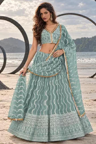 OCEAN BLUE  WORK THREAD WITH ZARI AND SEQUINCE WORK FESTIVE LEHENGA CHOLI SET FOR WOMEN'S