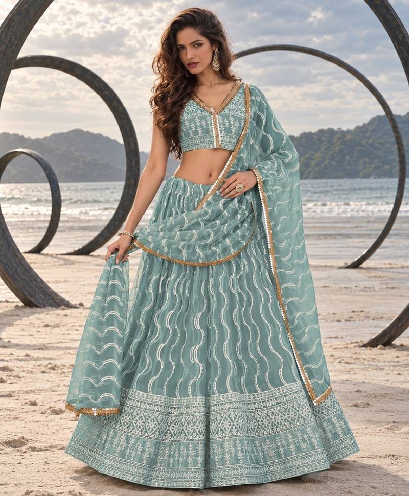 OCEAN BLUE  WORK THREAD WITH ZARI AND SEQUINCE WORK FESTIVE LEHENGA CHOLI SET FOR WOMEN'S