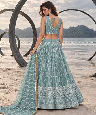 OCEAN BLUE  WORK THREAD WITH ZARI AND SEQUINCE WORK FESTIVE LEHENGA CHOLI SET FOR WOMEN'S 2