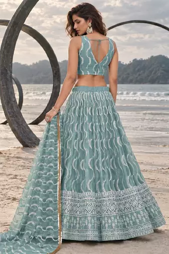 OCEAN BLUE  WORK THREAD WITH ZARI AND SEQUINCE WORK FESTIVE LEHENGA CHOLI SET FOR WOMEN'S