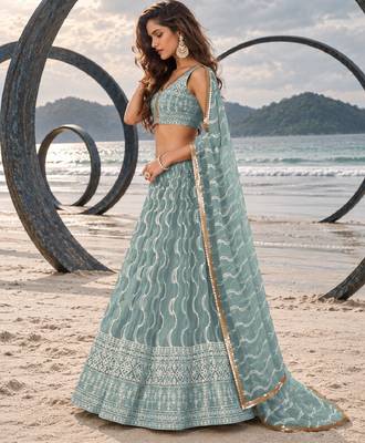 OCEAN BLUE  WORK THREAD WITH ZARI AND SEQUINCE WORK FESTIVE LEHENGA CHOLI SET FOR WOMEN'S 3