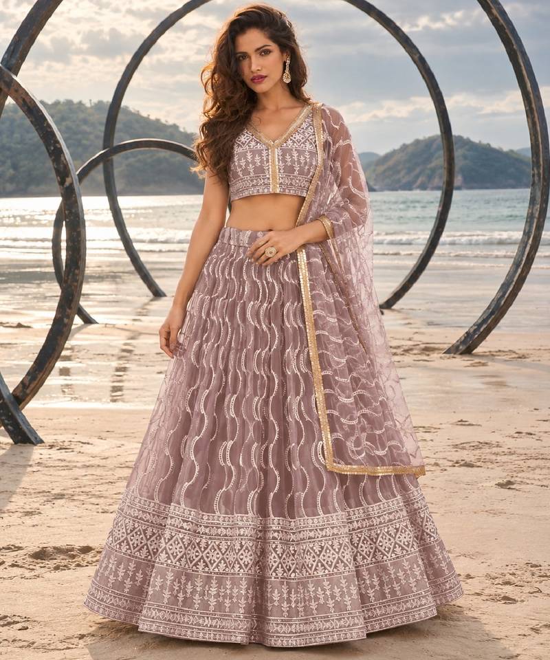 ONION PINK  WORK THREAD WITH ZARI AND SEQUINCE WORK FESTIVE LEHENGA CHOLI SET FOR WOMEN'S