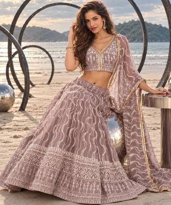 ONION PINK  WORK THREAD WITH ZARI AND SEQUINCE WORK FESTIVE LEHENGA CHOLI SET FOR WOMEN'S 4