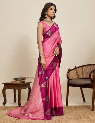 Pink zari work silk blend saree with blouse 1