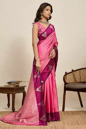 Pink zari work silk blend saree with blouse