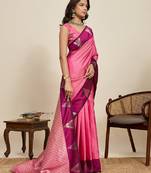 Pink zari work silk blend saree with blouse