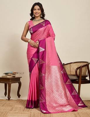 Pink zari work silk blend saree with blouse 2
