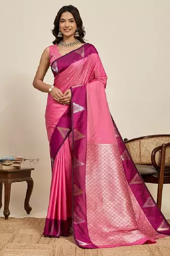Pink zari work silk blend saree with blouse