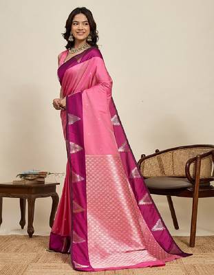 Pink zari work silk blend saree with blouse 3