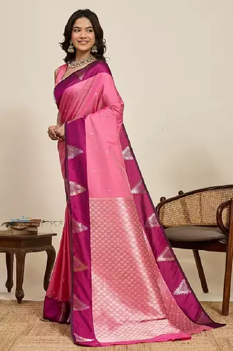 Pink zari work silk blend saree with blouse
