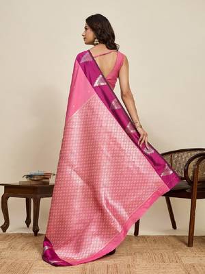 Pink zari work silk blend saree with blouse 4