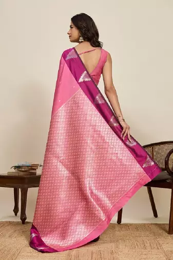 Pink zari work silk blend saree with blouse